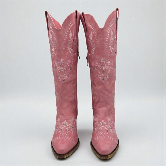 Wide Calf Pink Embroidered Rhinestone Cowboy Boots Knee High Snip Toe 8.5 NWB - Picture 9 of 16